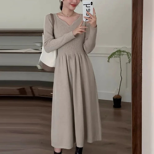 Load image into Gallery viewer, Autumn Winter Women Elegant V-neck Long Sleeve Slim Knit Pleated Dress Solid Casual A-line Sweater Long Dress 2023 French Simple

