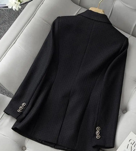 Korean Women Fashion Black Double Breasted Blazer Coat Vintage Long Sleeve Elegant Versatile Professional Tops Autumn Winter New