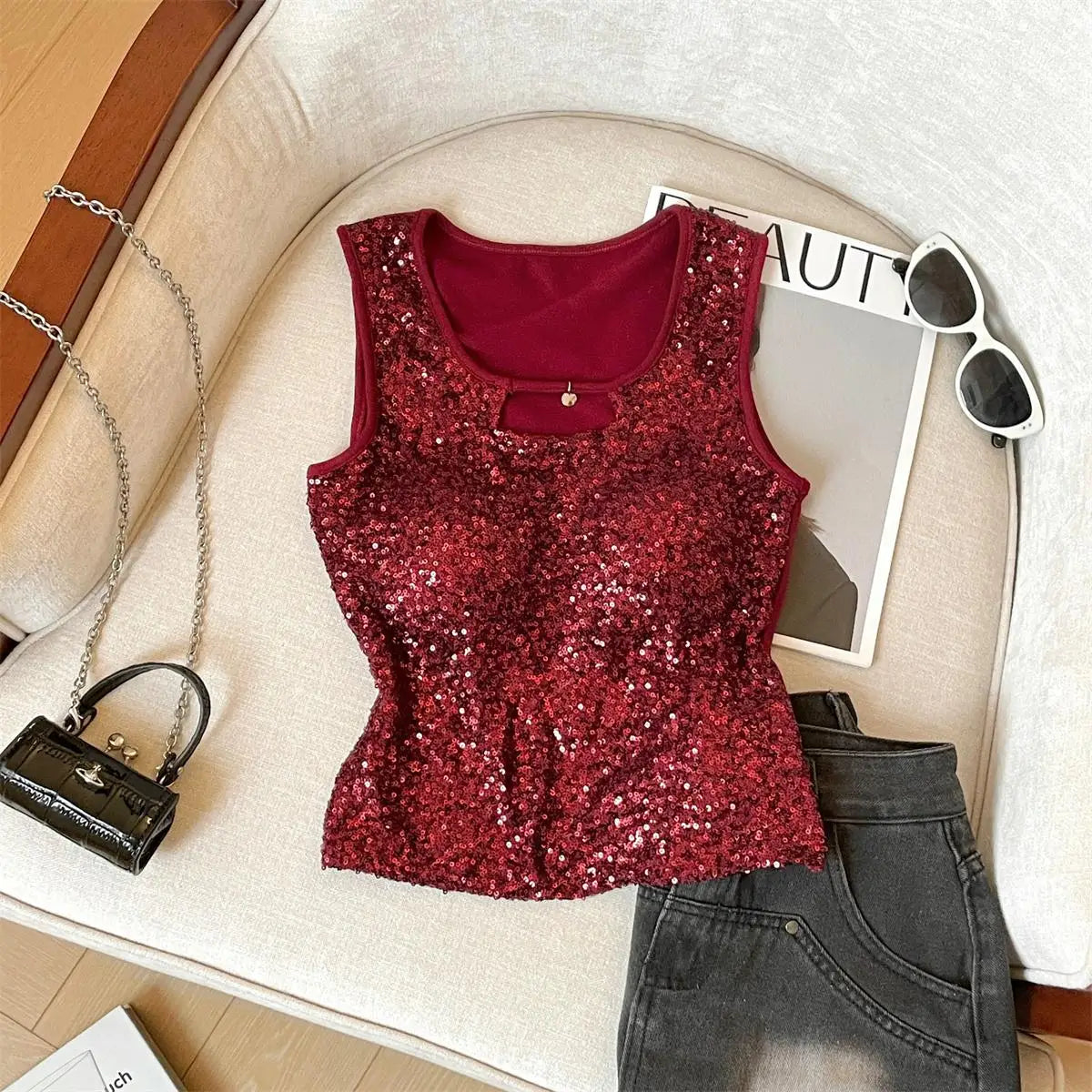 French Women Black Beige Sequin Elegant Sleeveless Vest Summer New Red Hollow Out Round Neck Holiday Short Tank Top Popular Chic
