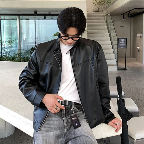 Load image into Gallery viewer, Men&#39;s Jacket New American Style Motorcycle PU Leather Trendy Stand Collar Solid Color Stylish Male Casual Clothing 9W1820
