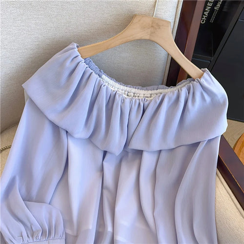 Load image into Gallery viewer, Spring Women White Off Shoulder Long Sleeve Blouse Retro French Blue Elegant Ruffle Edge Holiday Shirt Loose Short Top Versatile
