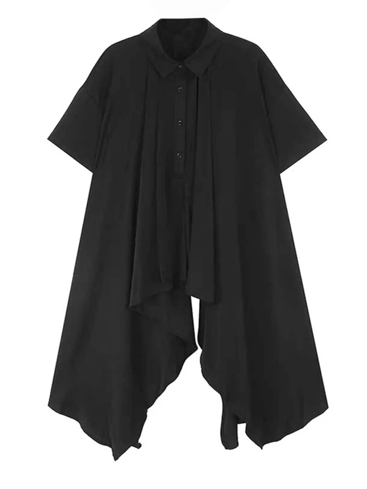 Women Black Pleated Dot Irregular Big Size Blouse New Lapel Short Sleeve Shirt Fashion Tide Spring Summer 2025 1DJ0890