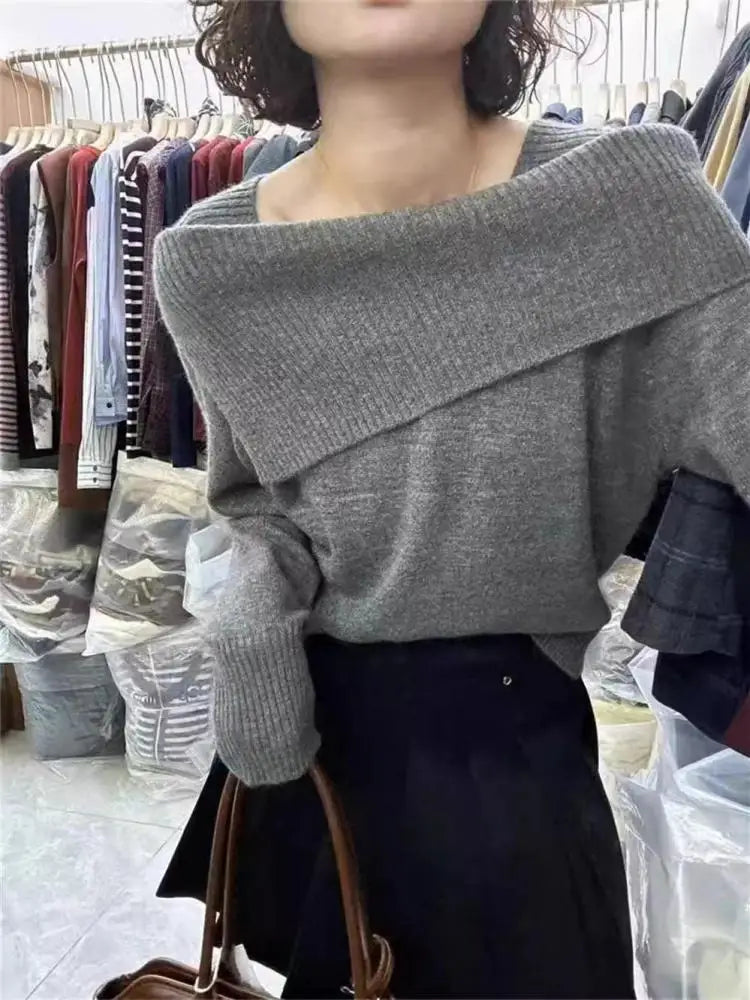 Korean Version Solid Square Neck Loose Cotton Crochet Sweater Autumn Winter Women Long Sleeve Casual Warm Pullover Tops Popular
