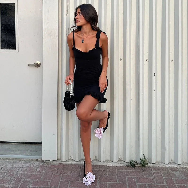 Elegant Women's Summer New Sexy Backless Solid Slash Neck Dress Slim Fit Waist Camisole Mini Dress Club Party Dress