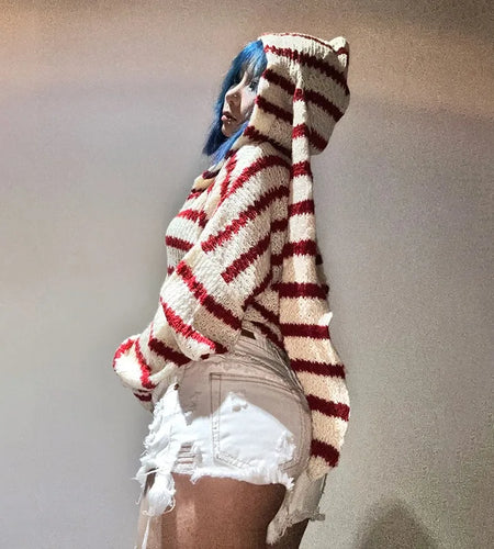 Japanese Y2k Hooded Cardigan 2000s Aesthetics Rabbit Ears Zipper Knitwear Vintage Harajuku Red Stripe Sweater Grunge