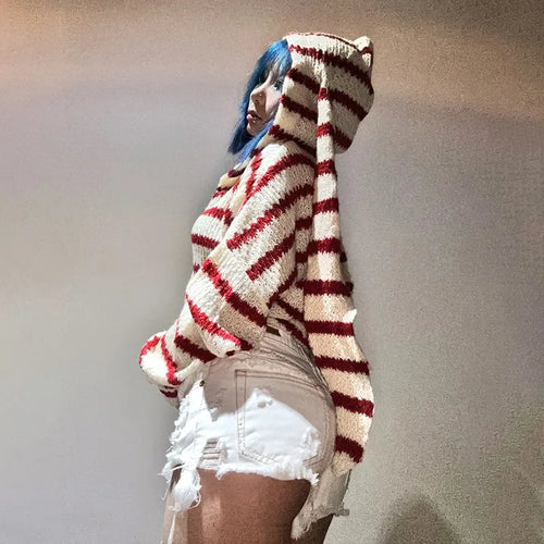 Load image into Gallery viewer, Japanese Y2k Hooded Cardigan 2000s Aesthetics Rabbit Ears Zipper Knitwear Vintage Harajuku Red Stripe Sweater Grunge
