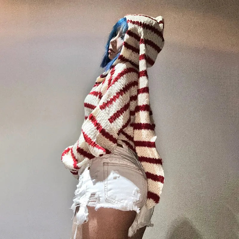 Japanese Y2k Hooded Cardigan 2000s Aesthetics Rabbit Ears Zipper Knitwear Vintage Harajuku Red Stripe Sweater Grunge