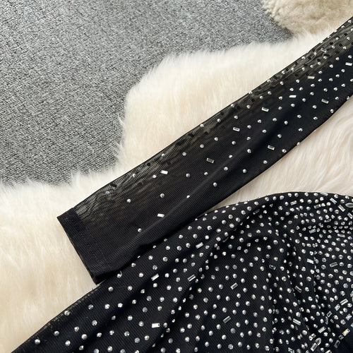 Load image into Gallery viewer, Autumn Black Sexy Club Diamond Long Sleeve Back Zipper Bodycon Split Long Dress Women Vintage Elegant Festival Party Gowns Dress
