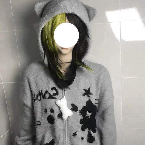 Load image into Gallery viewer, Y2k Aesthetic Gray Cartoon Jacquard Cardigans Winter Hooded Streetwear Oversized Tops Grunge Casual Zippers Knitted Sweaters
