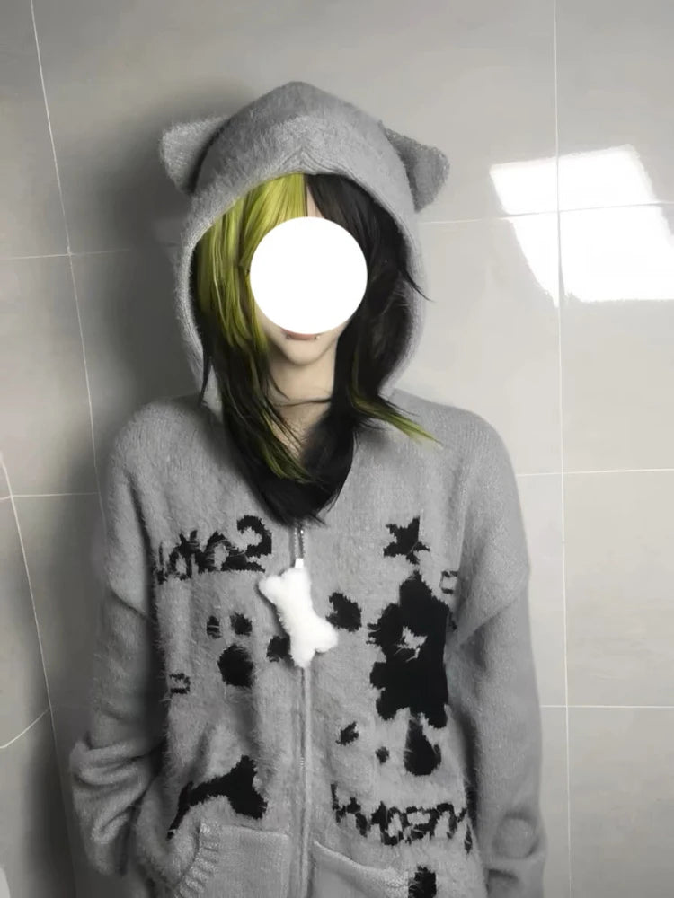 Y2k Aesthetic Gray Cartoon Jacquard Cardigans Winter Hooded Streetwear Oversized Tops Grunge Casual Zippers Knitted Sweaters
