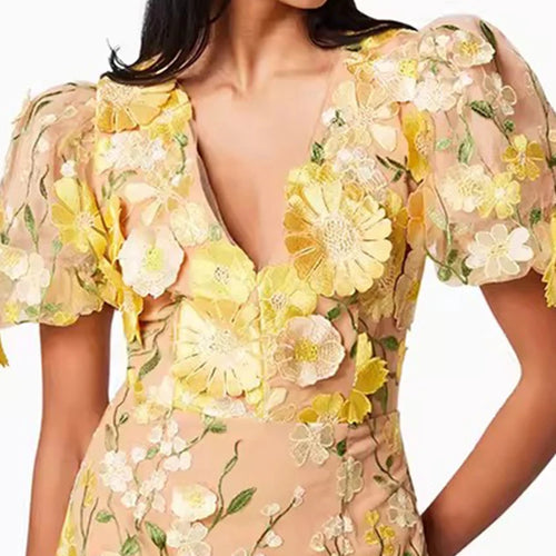 Load image into Gallery viewer, Hit Color Floard Printing Slim Dress For Women V Neck Short Sleeve High Waist Patchwork Appliques Temperament Dresses Female
