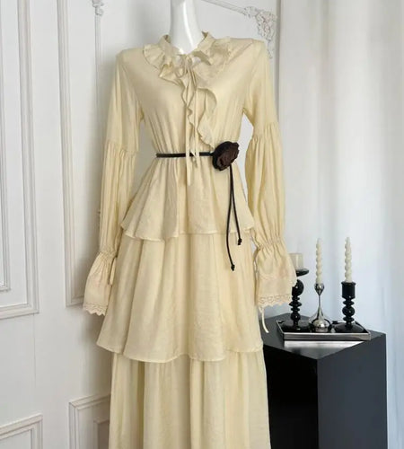 French Fashion Women's Beige Lace Long Sleeve Ruffles Lace-up Dress 2024 Autumn Vintage New High Waist Pleated Cake Dress Simple