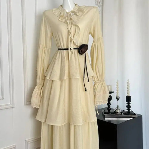 Load image into Gallery viewer, French Fashion Women's Beige Lace Long Sleeve Ruffles Lace-up Dress 2024 Autumn Vintage New High Waist Pleated Cake Dress Simple
