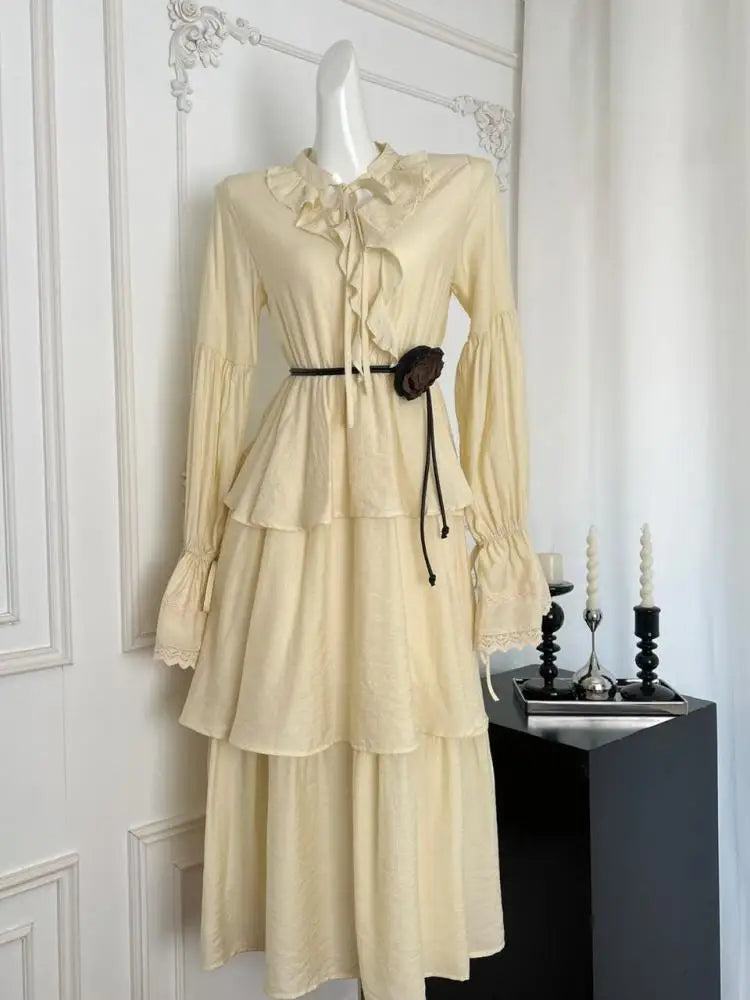 French Fashion Women's Beige Lace Long Sleeve Ruffles Lace-up Dress 2024 Autumn Vintage New High Waist Pleated Cake Dress Simple