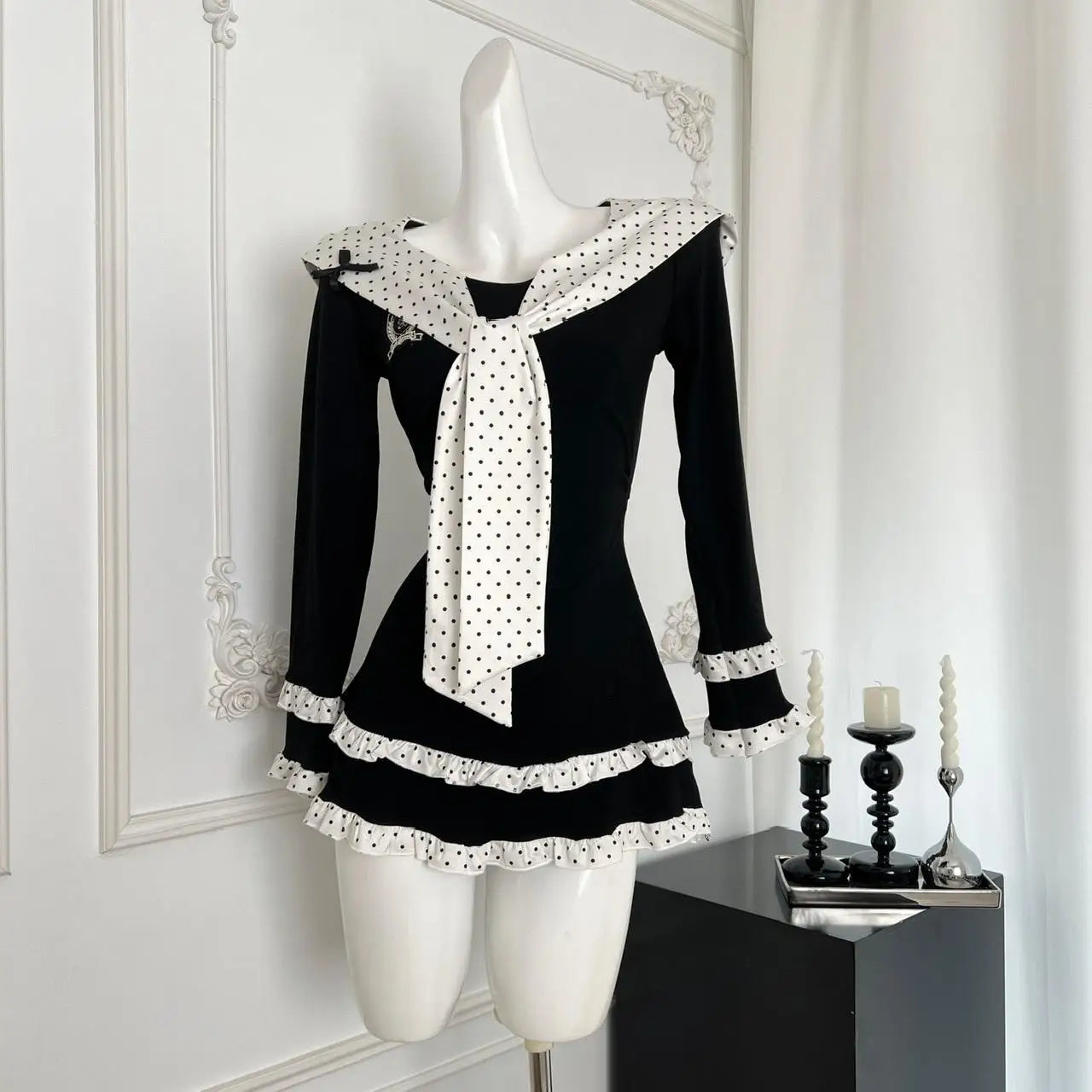Vintage Women Autumn Sweet Black Dot Patchwork Long Sleeved Short Dress French Elegant College Style Ruffles Fashion Mini Dress