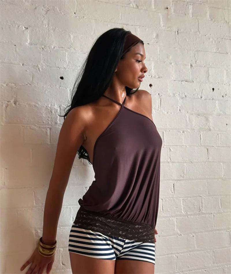 Halter Backless Sexy Mini Dress Women Robe Fashion Summer New Lace Patchwork Sleeveless Pleated Ruffled Club Dress