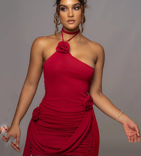 Sexy Sleeveless Hanging Neck 3D Flower Tight Dress Women Lace Up Double Layered Evening Dress Female Party Evening Dress