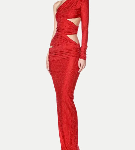 Solid Hollow Out Slimming Dresses For Women Diagonal Collar Long Sleeve High Waist Temperament Dress Female Fashion