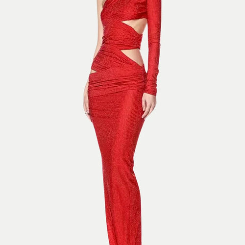 Load image into Gallery viewer, Solid Hollow Out Slimming Dresses For Women Diagonal Collar Long Sleeve High Waist Temperament Dress Female Fashion
