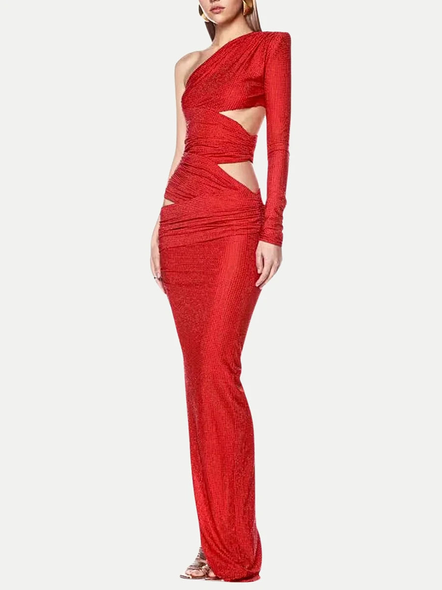 Solid Hollow Out Slimming Dresses For Women Diagonal Collar Long Sleeve High Waist Temperament Dress Female Fashion