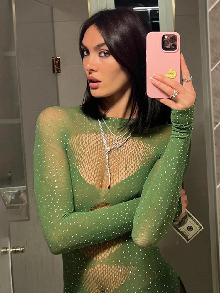 Women's Sexy Spicy Girl High Elastic Knitted Bodysuit, Perspective, Long Sleeved, Hollow Hot Diamond, Summer Beach 2024