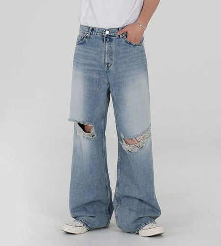 Men's Jeans Washed Worn-out Design New Summer Loose Denim Pants Korean Hole Decoration Causal Trendy Male Bottoms 9W1629