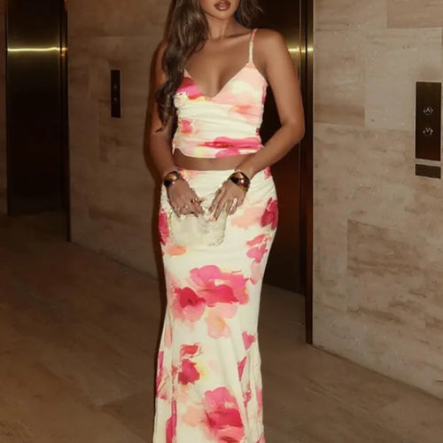 Load image into Gallery viewer, Print Sexy 2 Piece Sets Women Summer New V Neck Crop Tops And Maxi Skirt Female Elegant Club Party Slim Skirt Set

