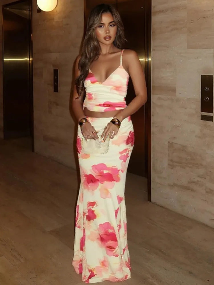 Print Sexy 2 Piece Sets Women Summer New V Neck Crop Tops And Maxi Skirt Female Elegant Club Party Slim Skirt Set