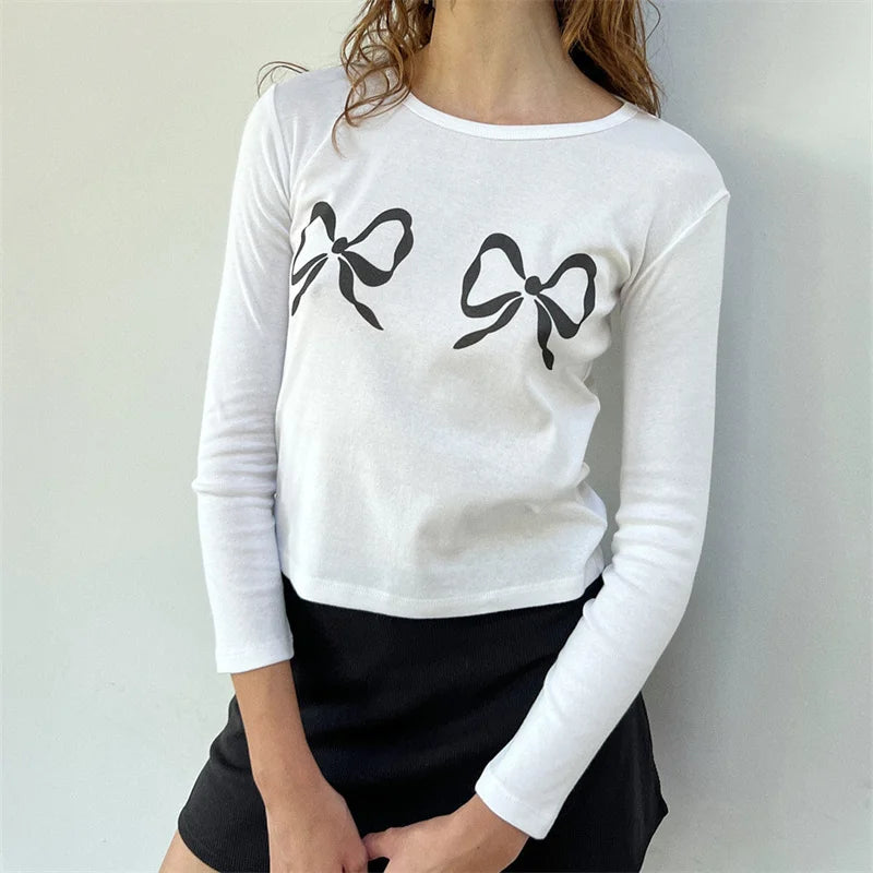 y2k Crop Top 2000s Women Graphic Cherry/Cake Print Round Neck Long Sleeve T Shirt Aesthetic Clothing White Streetwear