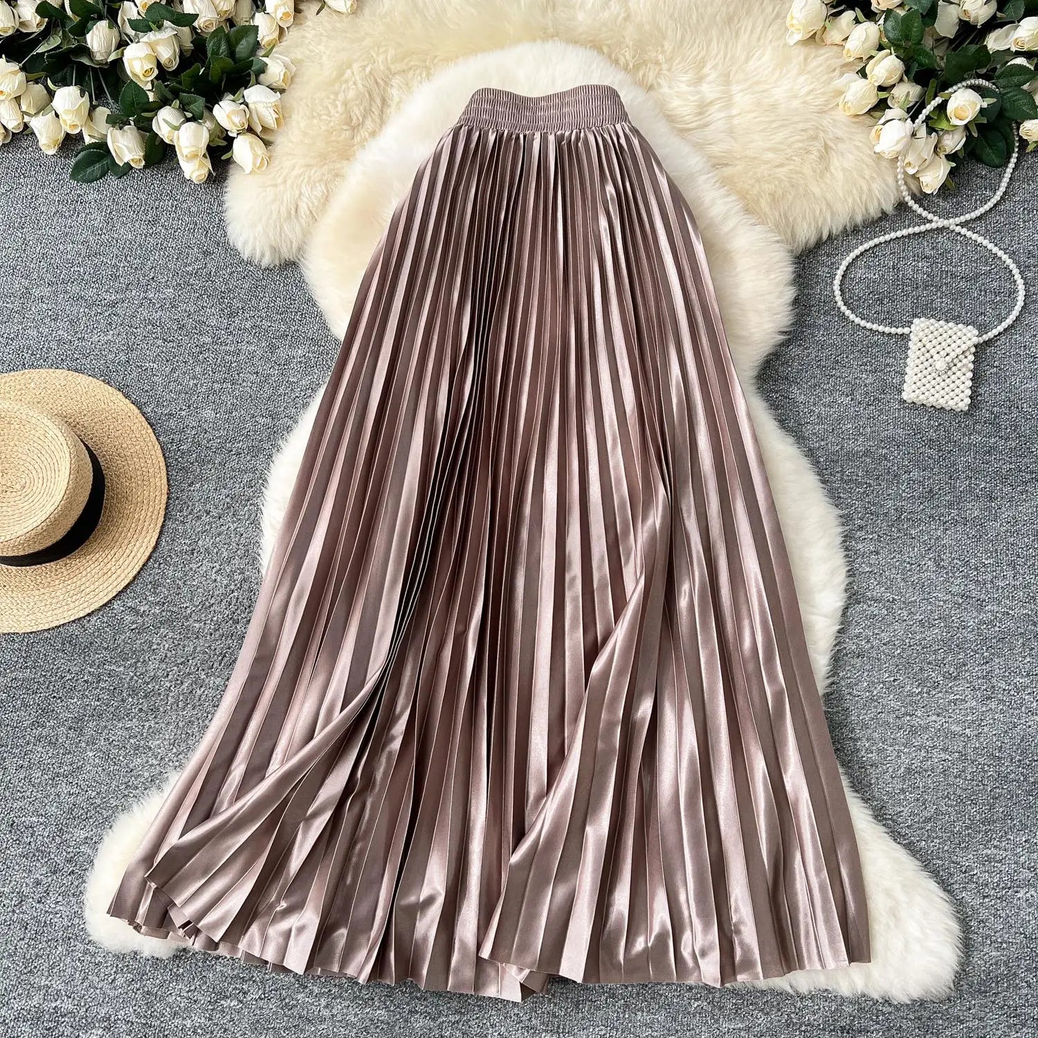 French Retro Women Fashion Solid Elegant Long Skirt Autumn Winter Elastic High Waist Popular Pleated Skirt Simplicity Streetwear