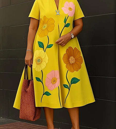 Summer Casual Flower Print A-line Flared Dresses for Womens Shorts Sleeves V-neck Woman Oversize Dresses 2025 New