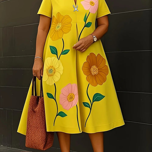Load image into Gallery viewer, Summer Casual Flower Print A-line Flared Dresses for Womens Shorts Sleeves V-neck Woman Oversize Dresses 2025 New
