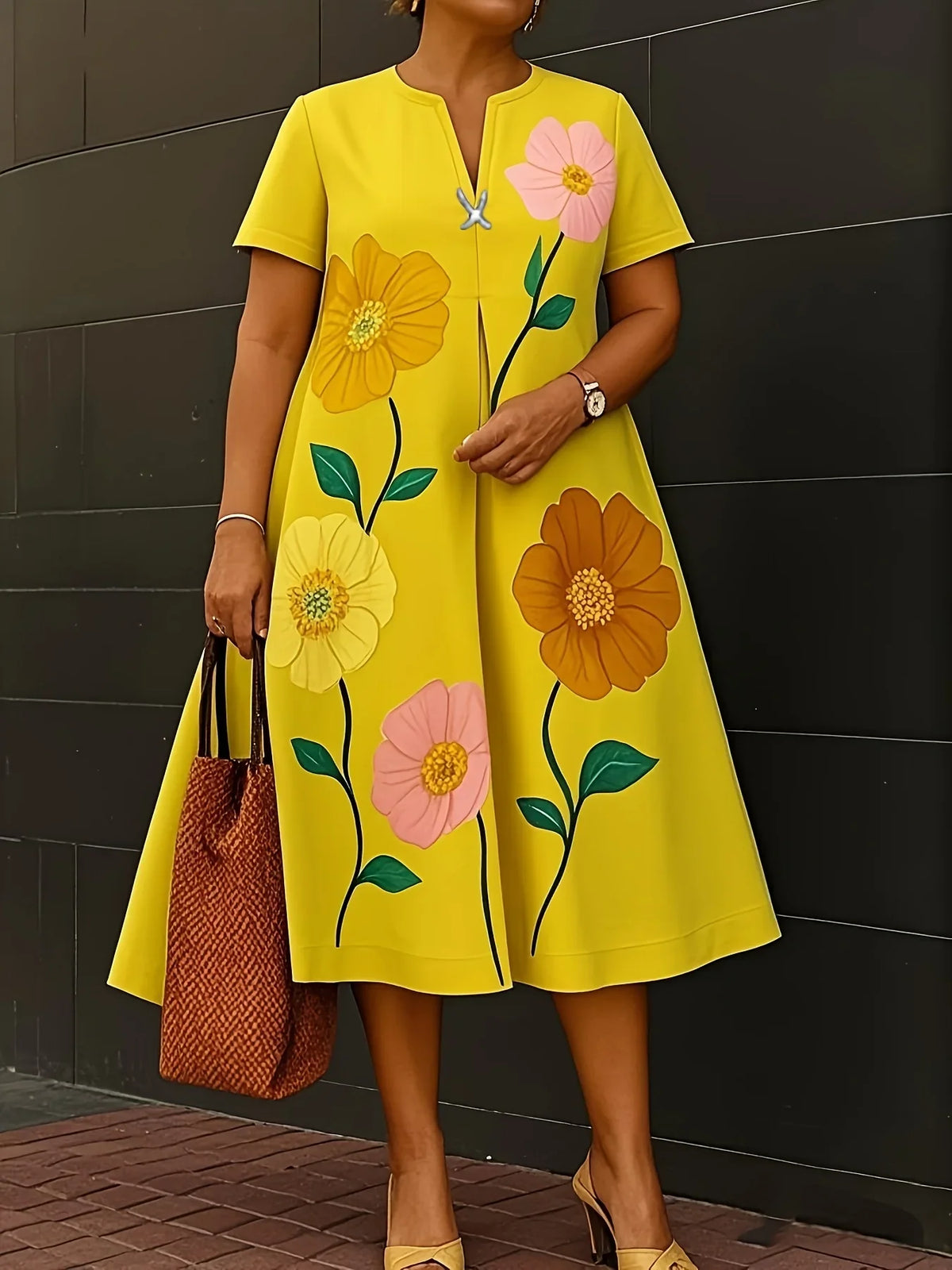 Summer Casual Flower Print A-line Flared Dresses for Womens Shorts Sleeves V-neck Woman Oversize Dresses 2025 New