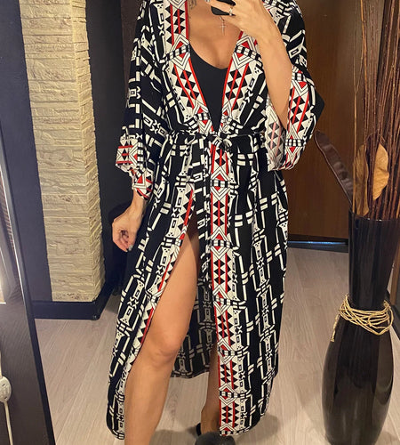 New Printed With Belt Long Sleeve Tunic Beach Cover Up Cover-ups Beach Dress Beach Wear Beachwear Long Dress Female Women V4470