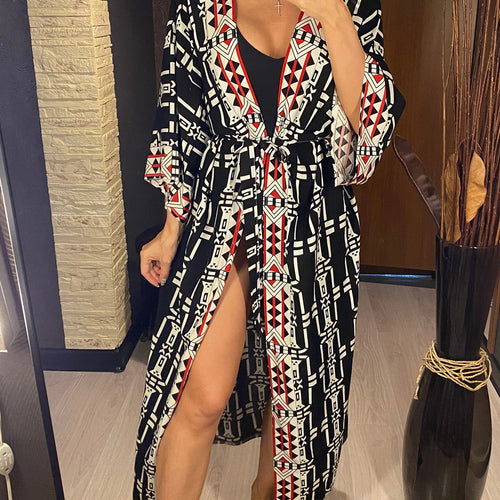 Load image into Gallery viewer, New Printed With Belt Long Sleeve Tunic Beach Cover Up Cover-ups Beach Dress Beach Wear Beachwear Long Dress Female Women V4470
