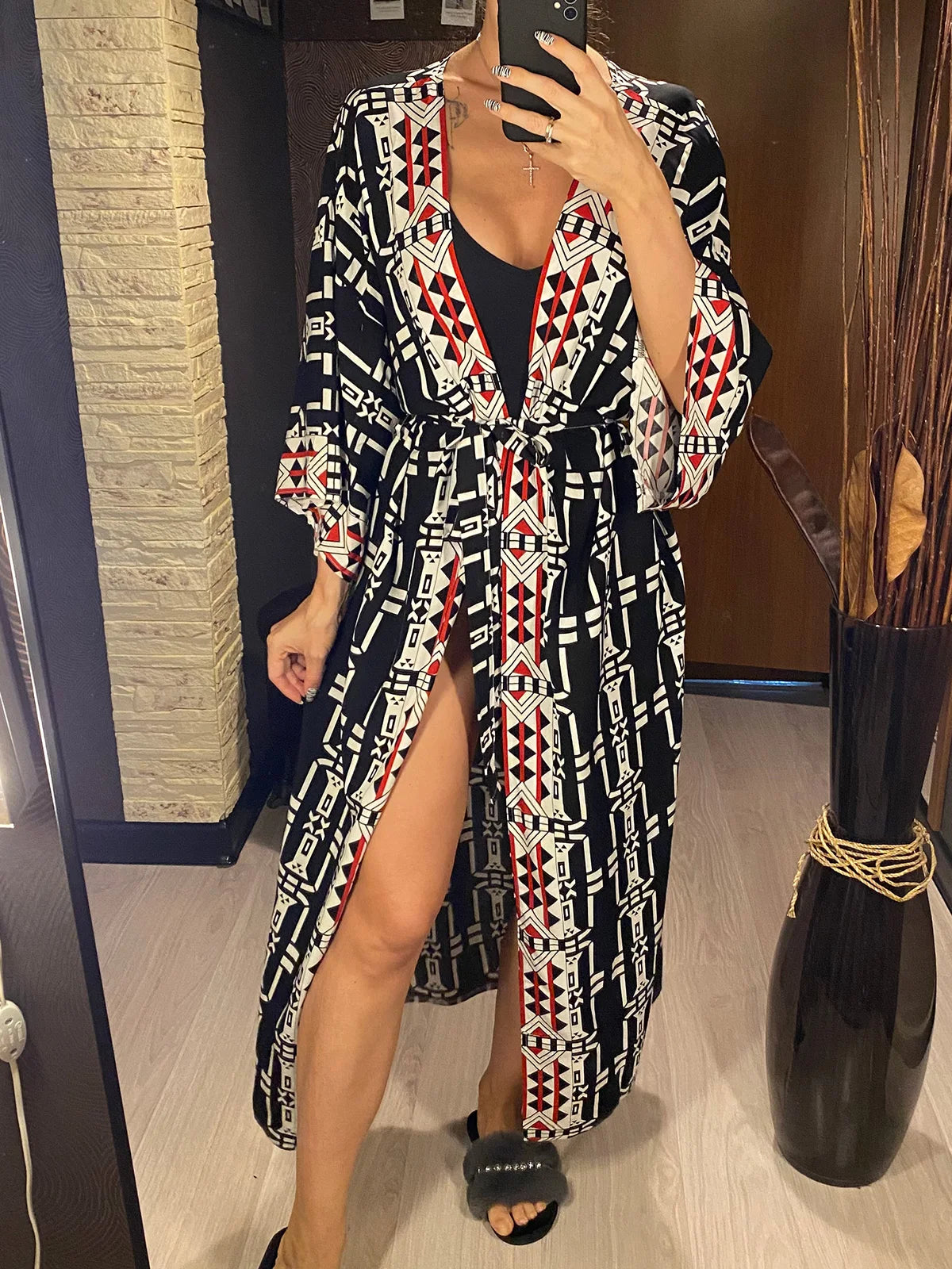 New Printed With Belt Long Sleeve Tunic Beach Cover Up Cover-ups Beach Dress Beach Wear Beachwear Long Dress Female Women V4470