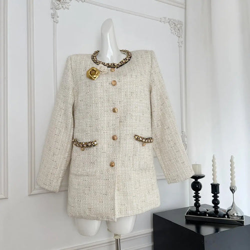 Load image into Gallery viewer, White Women New Black Patchwork Elegant Down Woolen Coat 2024 New French Vintage White Diamond Round Neck Single Breasted Jacket
