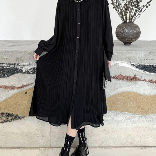 Load image into Gallery viewer, Women Black Brief Pleated Elegant Big Size Midi Shirt Dress New Lapel Long Sleeve Fashion Tide Spring Autumn 2025 1DJ0072
