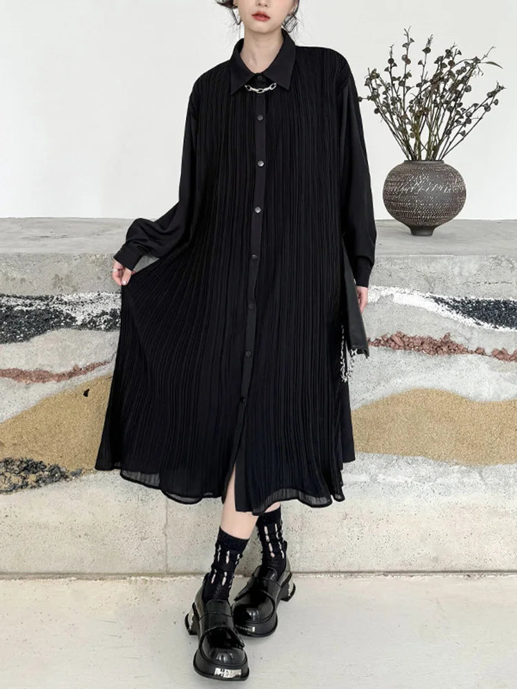 Women Black Brief Pleated Elegant Big Size Midi Shirt Dress New Lapel Long Sleeve Fashion Tide Spring Autumn 2025 1DJ0072