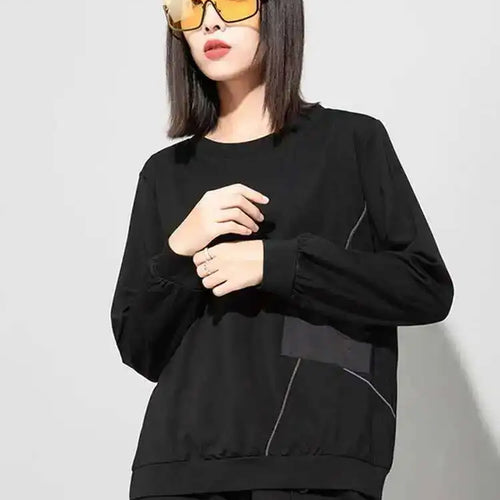 Load image into Gallery viewer, Women Black Topstitched Big Size Casual T-shirt New Round Neck Long Sleeve Fashion Tide Spring Autumn 2025 1DE4952
