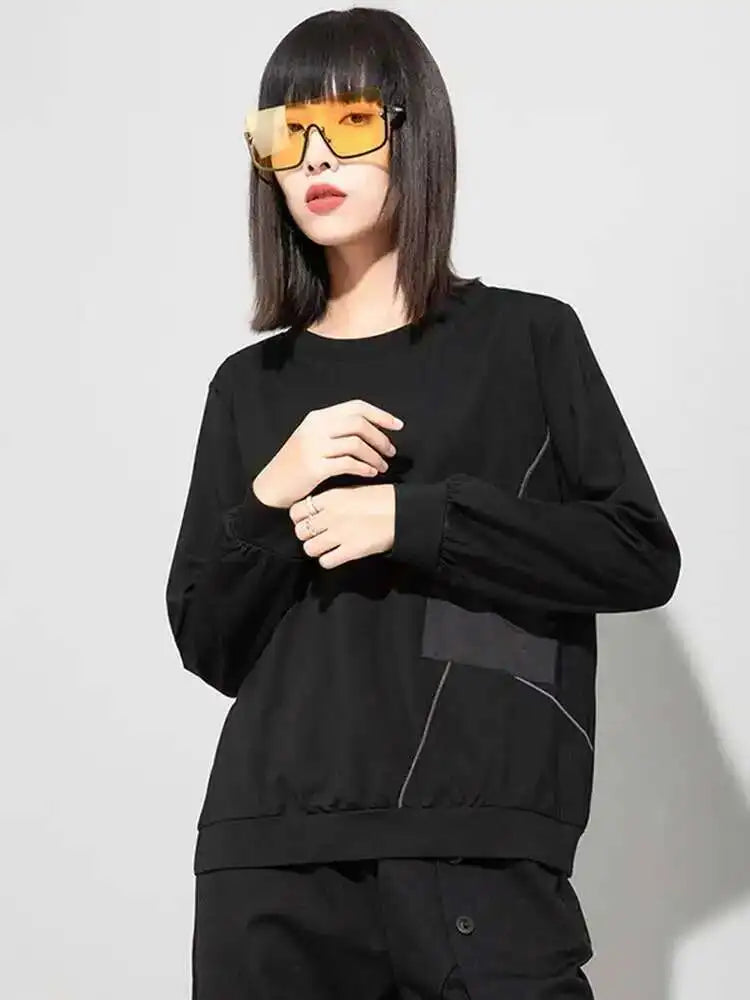 Women Black Topstitched Big Size Casual T-shirt New Round Neck Long Sleeve Fashion Tide Spring Autumn 2025 1DE4952
