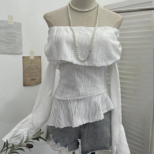Load image into Gallery viewer, Harajuku Slash Neck Pleated Women Y2k Aesthetic Tops Y2k Aesthetic Irregular Ruffled T-shirt Grunge Sexy Flare Sleeve Fairy Tops
