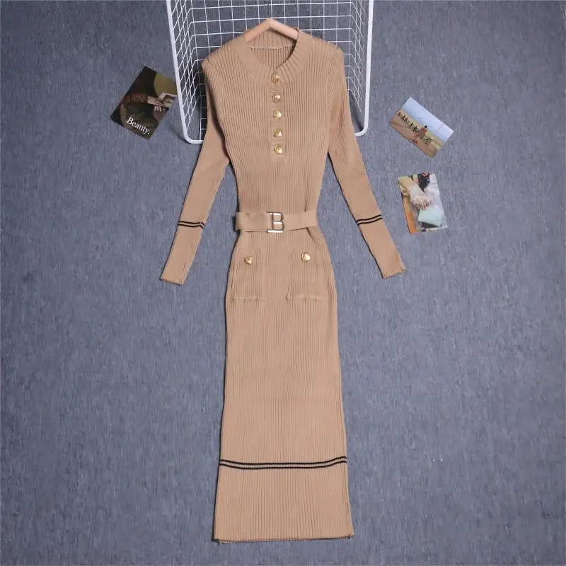 Women's Solid Patchwork Stripe V Neck Elegant Slim Long Sleeved Dress Spring Single Breasted Office Lady Knitted Dresses Fashion