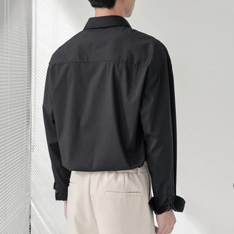 Korean Style Men's Shirts Loose Shoulder Solid Color Trendy Long Sleeved Design Single Breasted Lapel Male Tees 9W1870