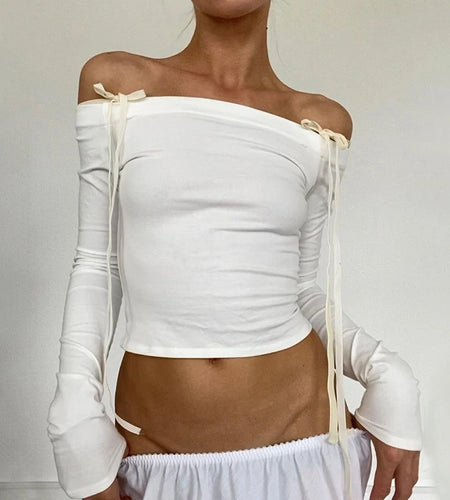 Slash Neck Bow White Sweet Female T-shirt Chic Autumn Tee Slim Long Sleeve Tie Up Coquette Clothes Off Shoulder Tops