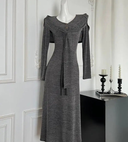 French Gray Elegant Fashion Knit Dresses Women Autumn Winter 2024 New Bandage Shawl And V-neck Button Long Sleeved Dress Casual