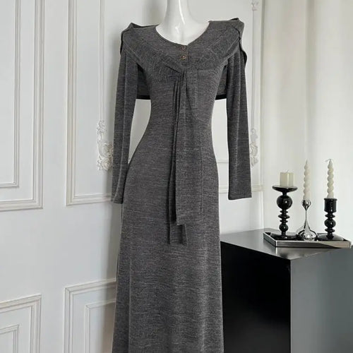 Load image into Gallery viewer, French Gray Elegant Fashion Knit Dresses Women Autumn Winter 2024 New Bandage Shawl And V-neck Button Long Sleeved Dress Casual
