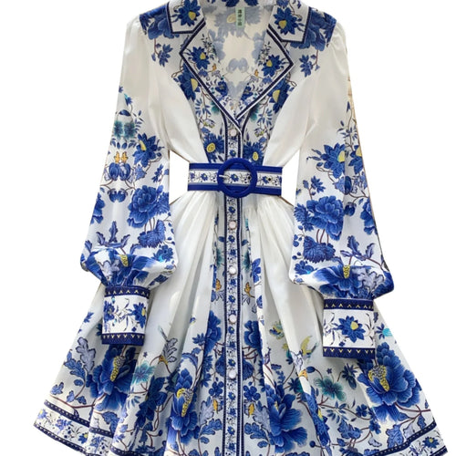 Load image into Gallery viewer, French Vintage Black Blue Flower Elegant High Waist Long Sleeved A Line Dresses Spring Fashion Evening Party Gown Dress Bohemian
