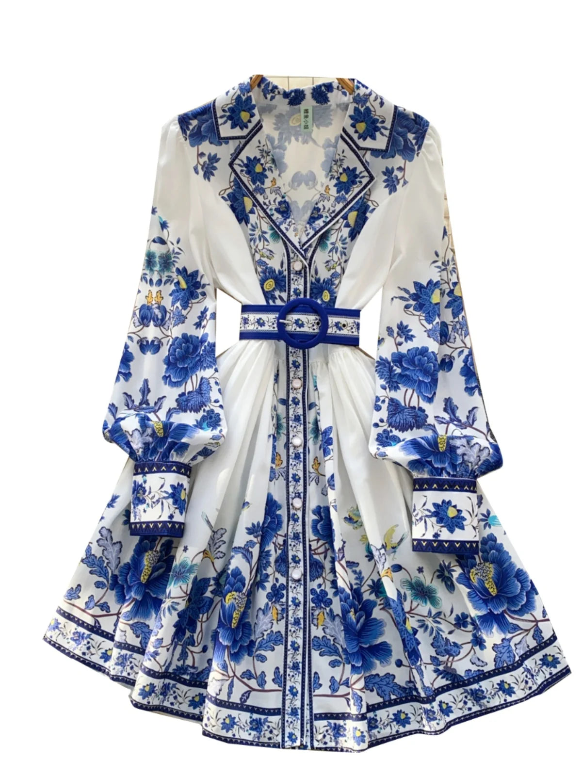 French Vintage Black Blue Flower Elegant High Waist Long Sleeved A Line Dresses Spring Fashion Evening Party Gown Dress Bohemian