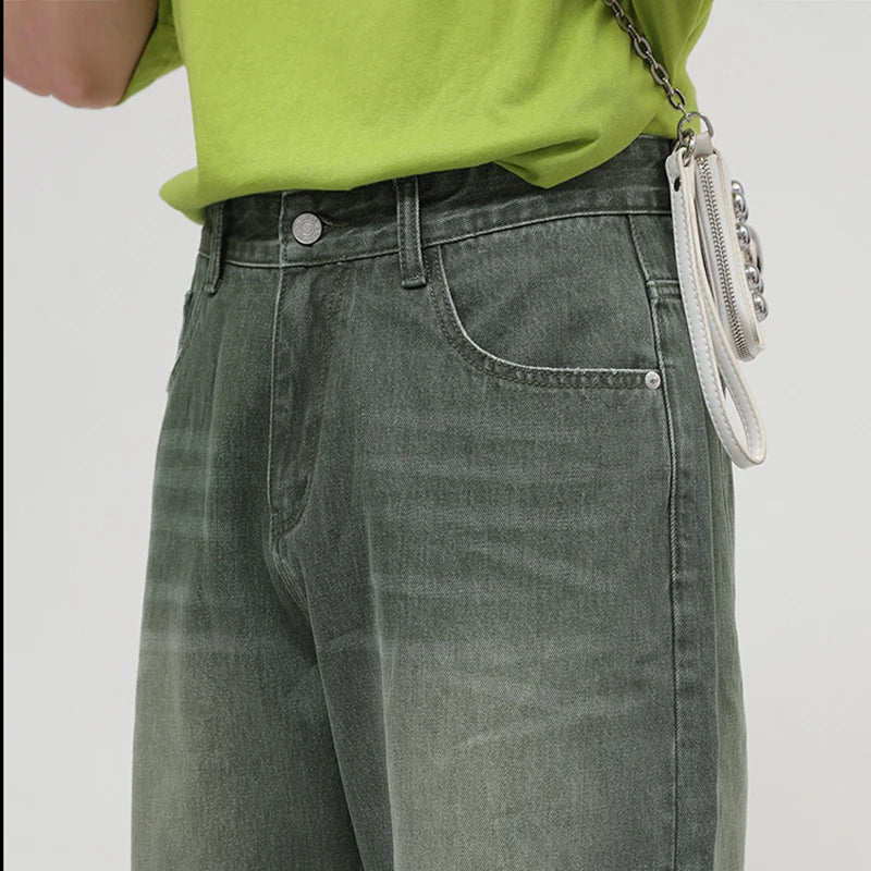 Men's Loose Straight Washed Green Frayed Jeans Autumn Wide Leg Denim Pants Korean Chic Trousers 9A1081